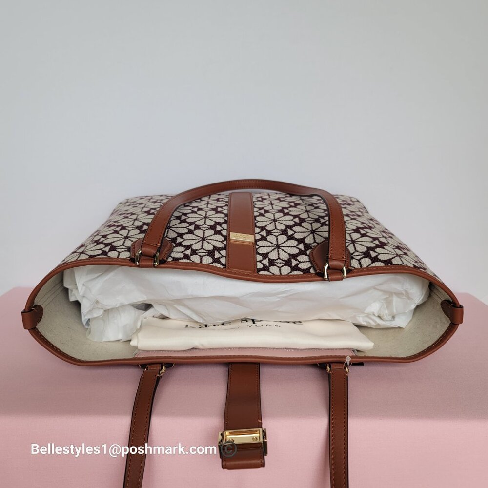 KATE SPADE Spade-Flower Jacquard and Leather Medium Open Tote- Burgundy Multi⭐ - Picture 12 of 16
